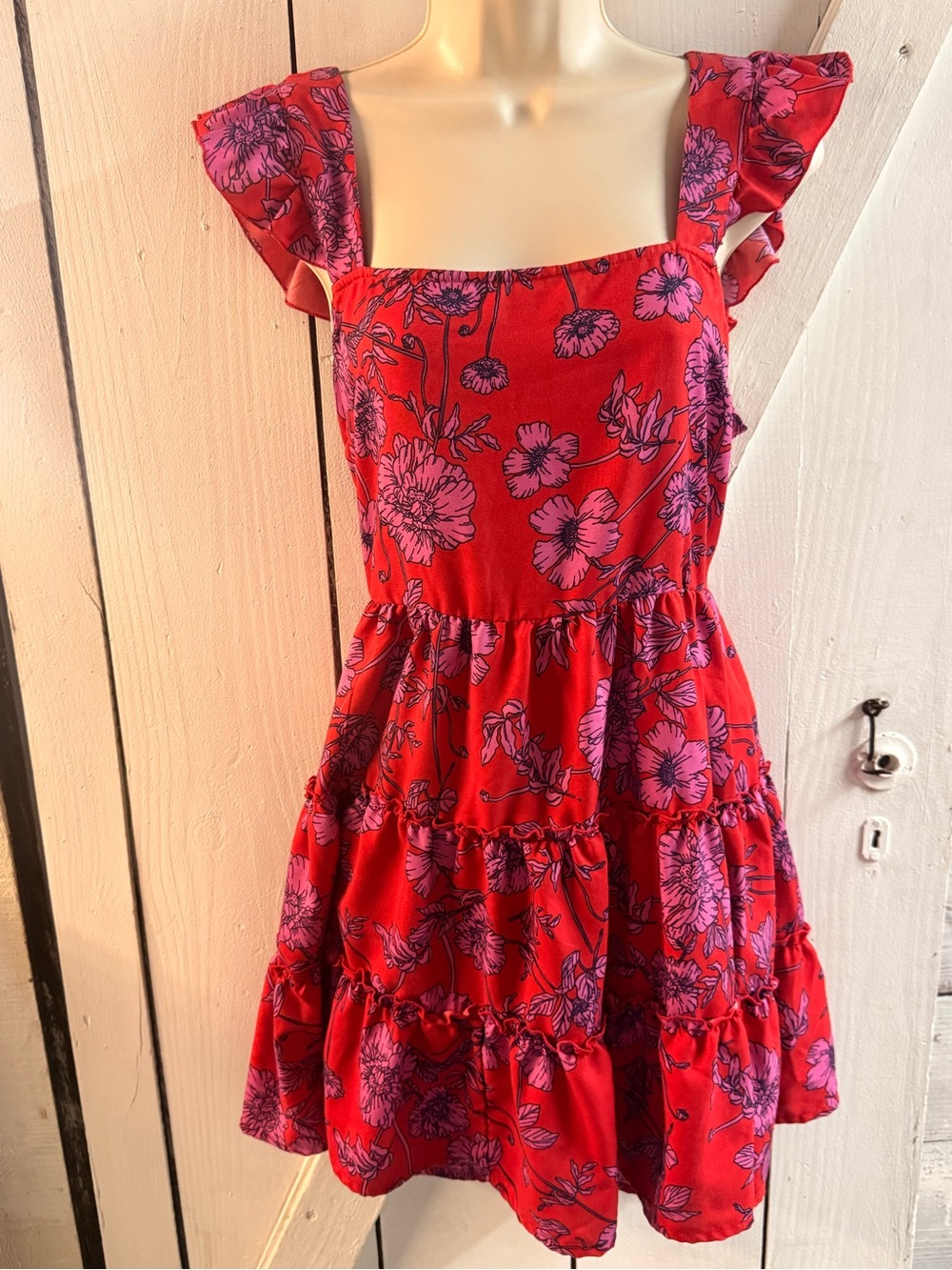 Girls' Red Floral Tiered Sundress with Ruffle Sleeves